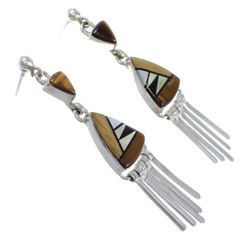 Genuine Sterling Silver Multicolor Inlay Post Dangle Earrings QX76606